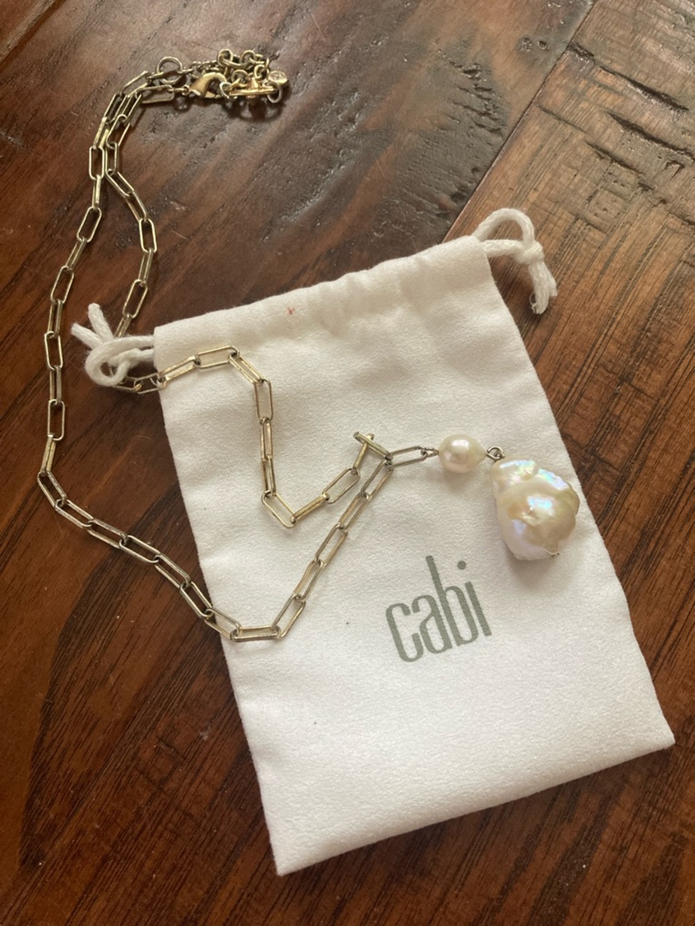 CAbi “Splash” Paperclip Necklace with Iridescent Baroque Pearl